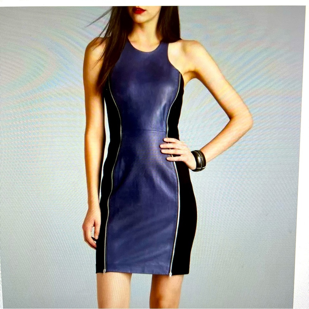 REBECCA MINKOFF Black and Navy Genuine Leather Mini Dress Size 4